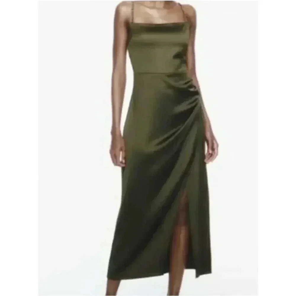 NWT Zara Green Satin Ruched Side Midi Dress with Embellished Straps Size M